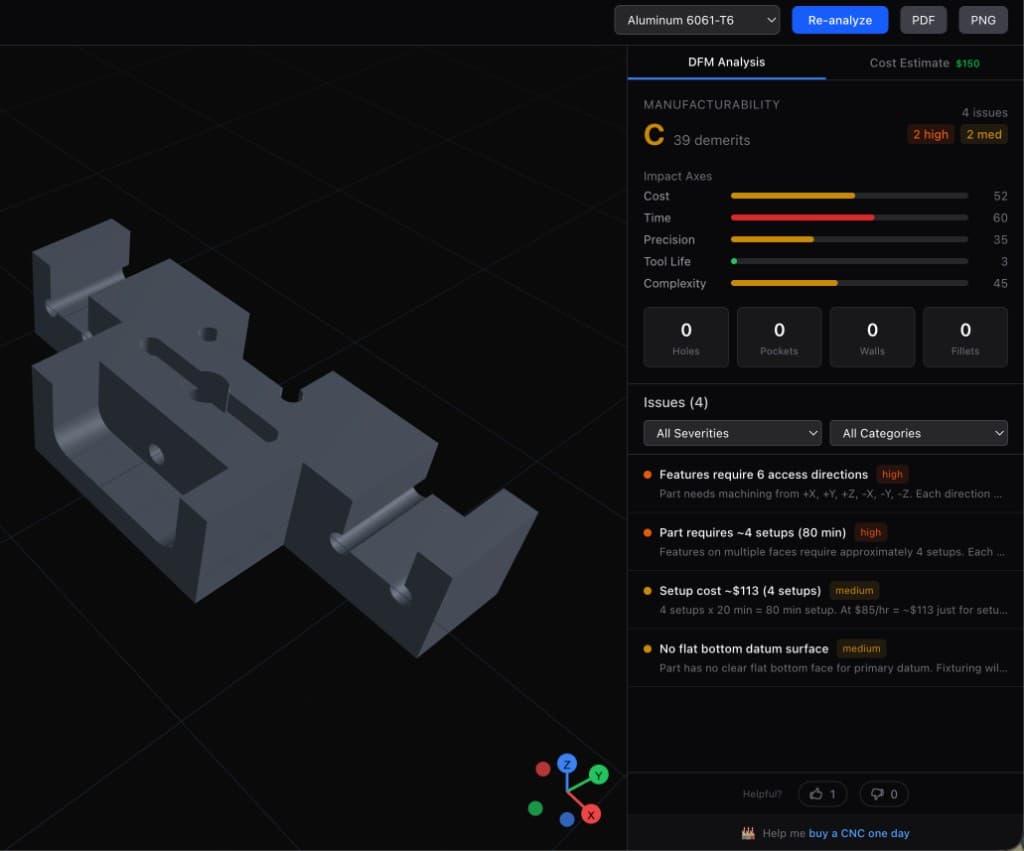 CNC DFM analysis with severity badges